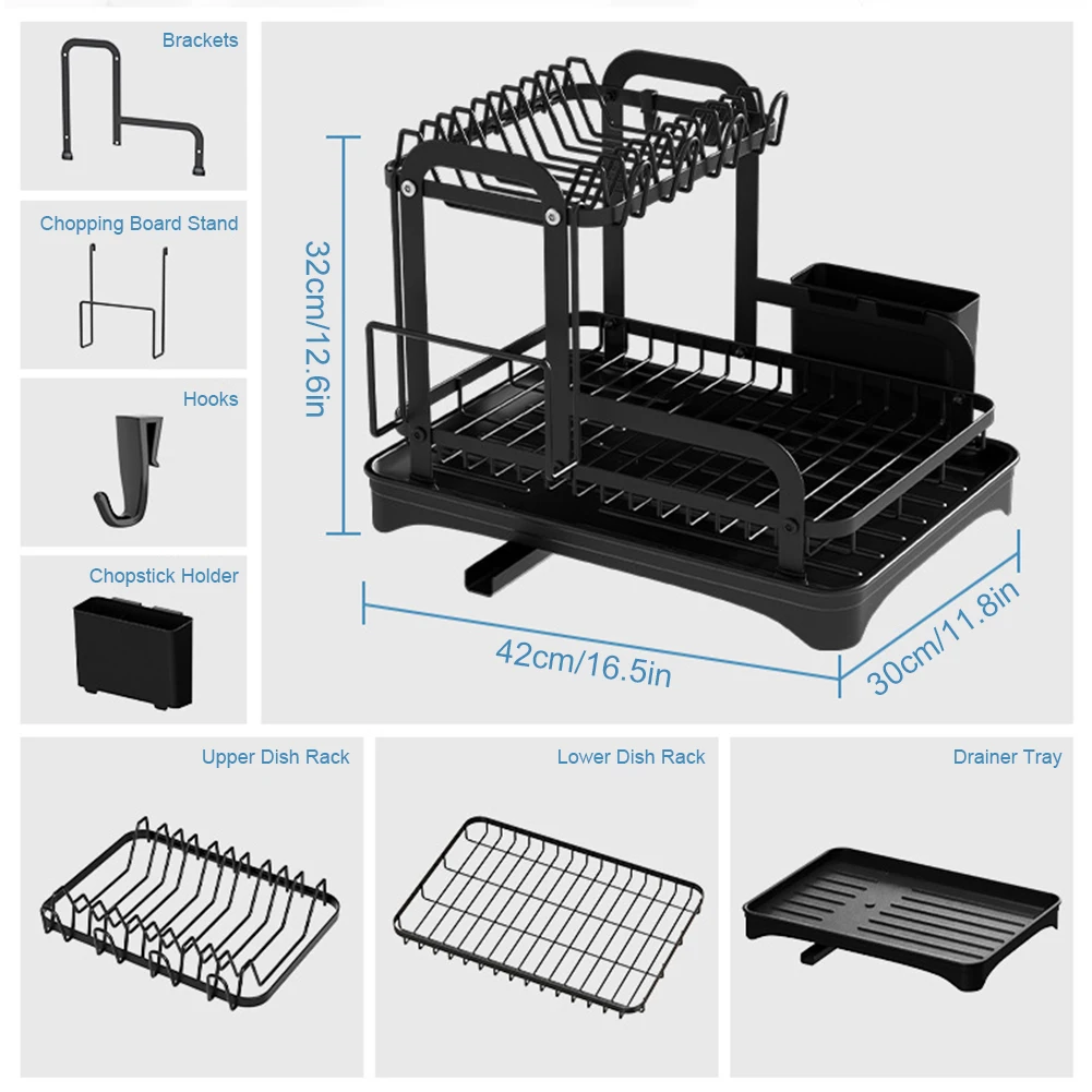 2 Tier Dish Bowl Drainer Storage Rack Kitchen Dish Drying Rack with Drain Basket Countertop Dinnerware Organizer Drainboard 6