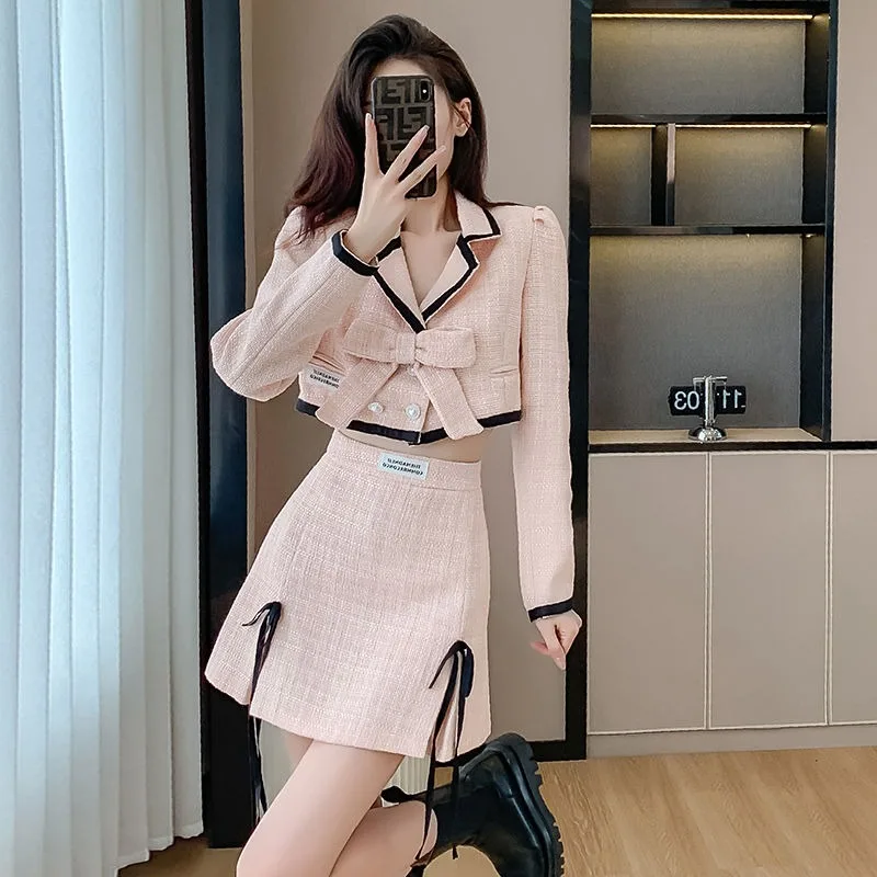 

Temperament Celebrity Jacket Hip Wrap Skirt Two-piece Set Women Lapel Bow Double Breasted Sweet Solid Slim Autumn Female Suit