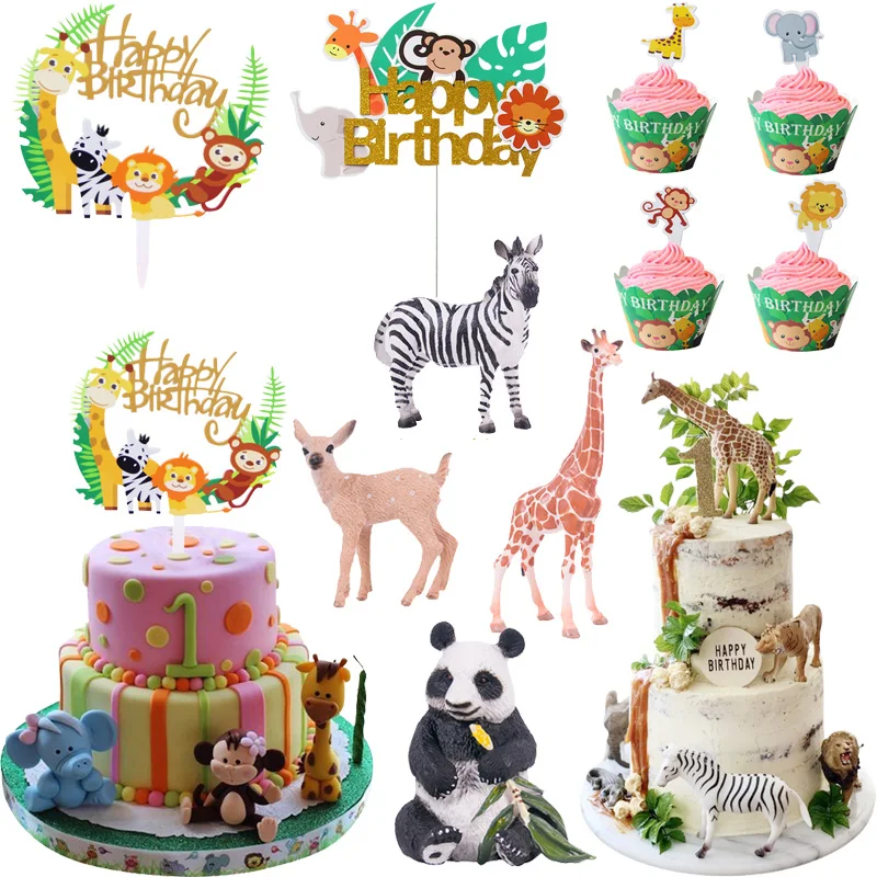 Wild Jungle Party Cake Topper Kids Happy Birthday Animal Cake Flag Boy Birthday Party Decoration Children Forest Supplies