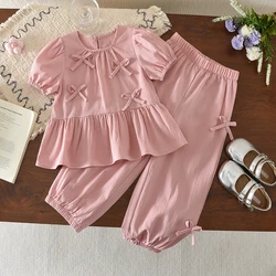 Pink Bow Decoration Children's Summer Clothing Set - Sweet and Cute Top and Bottom Ensemble - 7Y (TZ1560PK)