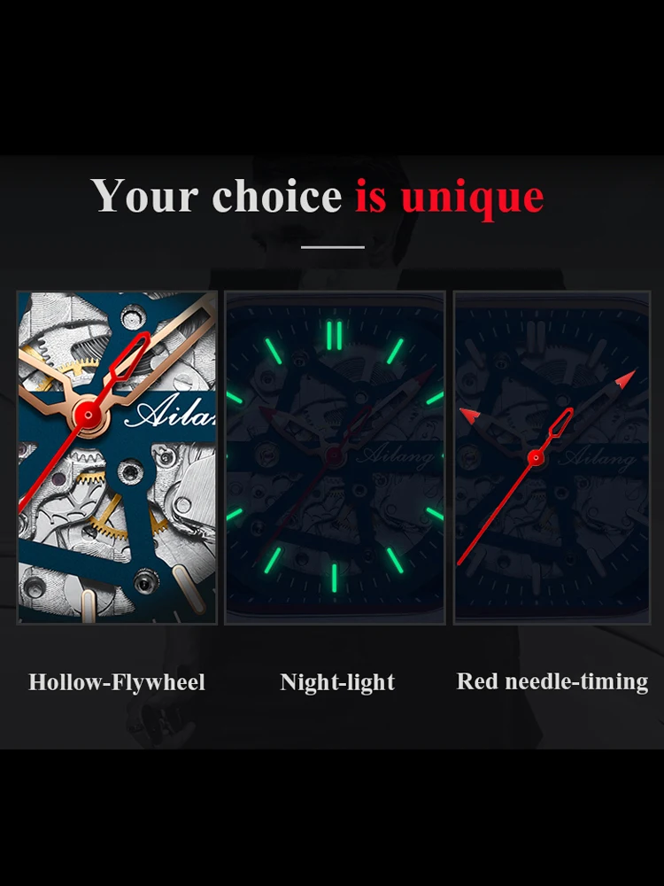 AILANG Top Skelett Quadrat Mechanesch Fir Männer Automatesch Handgelenk Waasserdicht Mesh Gürtel es_voghion.com