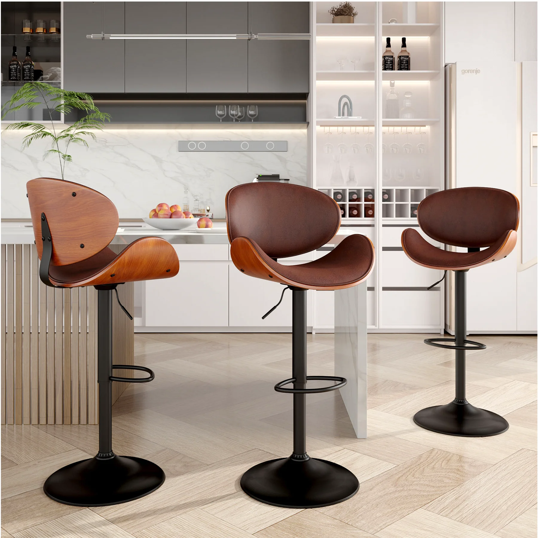 Rotating Bar Stool 2-Piece Set with Backrest and Footstool, Pu Leather Cushion Counter Height Bar Chair for Kitchen and Restaurant