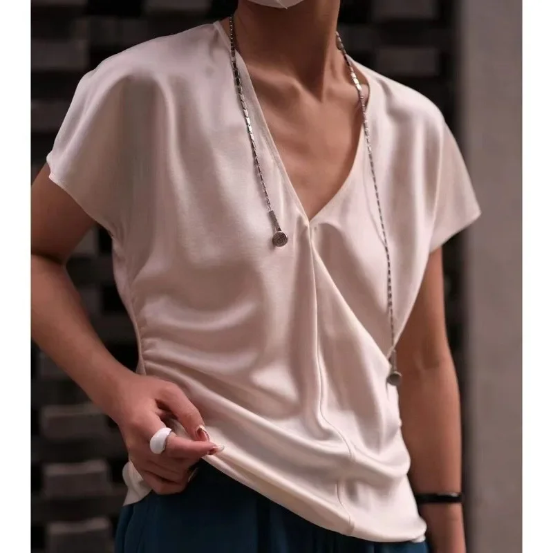 Deeptown Black V Neck Women's Satin Blouses Short Sleeve Old Money Summer Slim Female Shirt Korean Fashion Office Lady Elegant