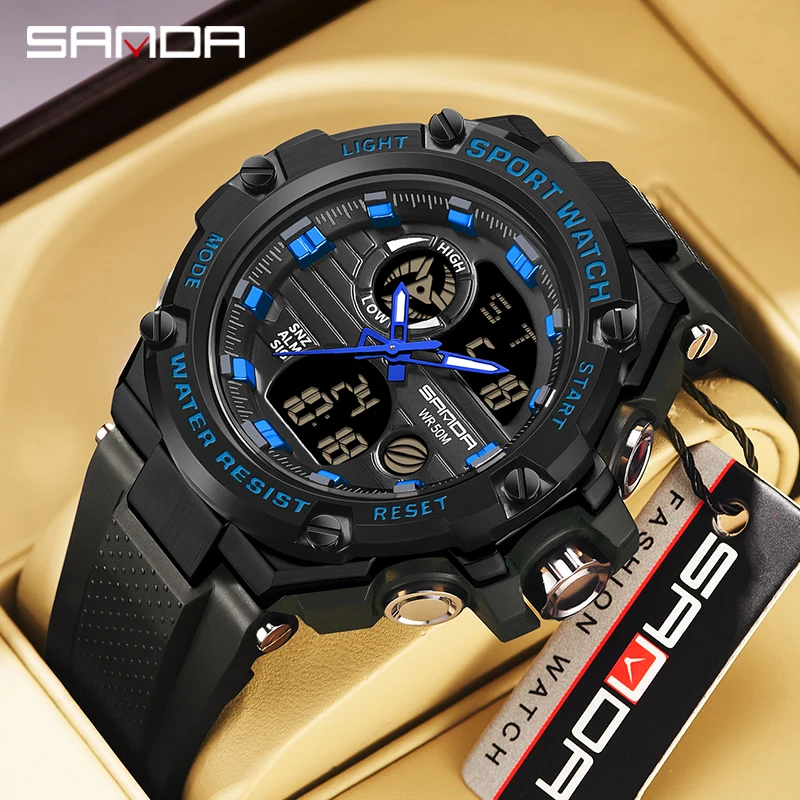 SANDA 3196 New G style Mens Dual Display Electronic Quartz Watches Outdoor Sports 50M Waterproof LED Digital Date Watch 2023