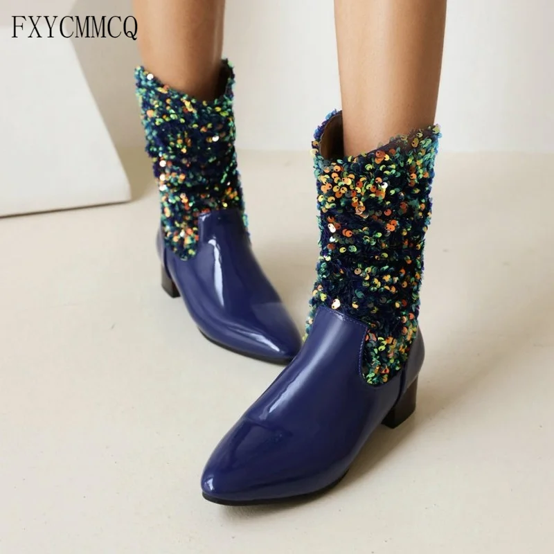 

FXYCMMCQ New Autumn and Winter Sequin Stitching Patent Leather Pointed Toe Women's Mid-tube Flat Boots L-10