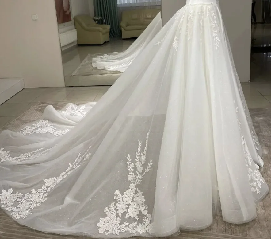 Lace Appliques Glitter Detachable Wedding Train Shinny Removable Skirt For Dresses Boho Bridal Overskirt