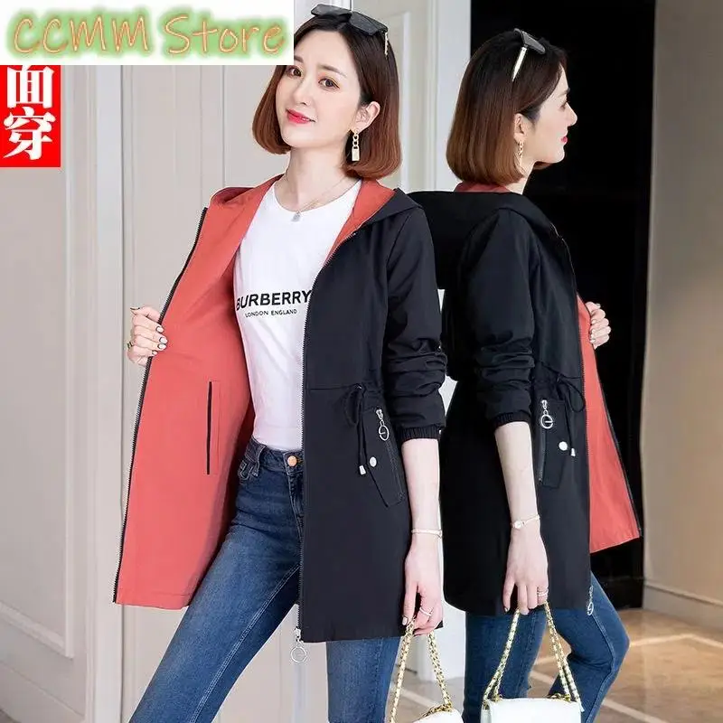 New Fashion Double-Sided Wear Trench Coat Women Mid-Longth Spring Autumn Women Coats Tops High Quality Hooded Jacket Female Top twotrees new double sided smooth and textured pei powder coated spring steel sheet 220 235 310mm for 3d printer hot bed