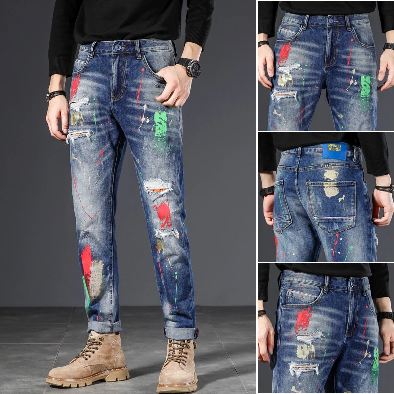 

EH·MD® Spray Painted Jeans Men's Holes Scraped Summer High Elastic Slim Fit Small Feet Zipper Leather Label Splash Wrinkle Blue