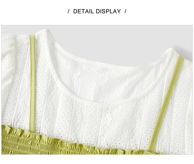 Vestido de mujer con mangas abullonadas y encaje de retazos, dos piezas, corte entallado, estilo fresco de verano, cuello redondo, falda de longitud media