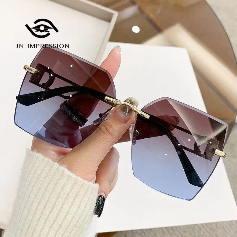 

New Large Square Cut Edge Rimless Sunglasses Fashion Internet Celebrity Street Snap Sunglasses for Women