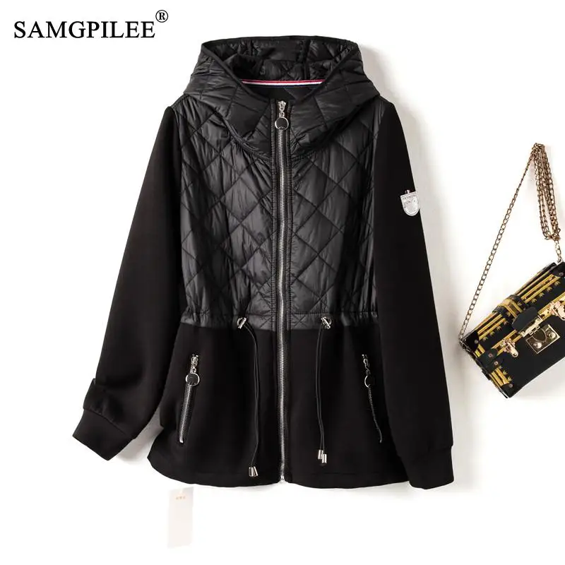 

Winter Jacket Women 2022 New French Elegant Color Contrast Hooded Drawstring Waist Retracting Air Cotton Commuter Coat Woman 4XL