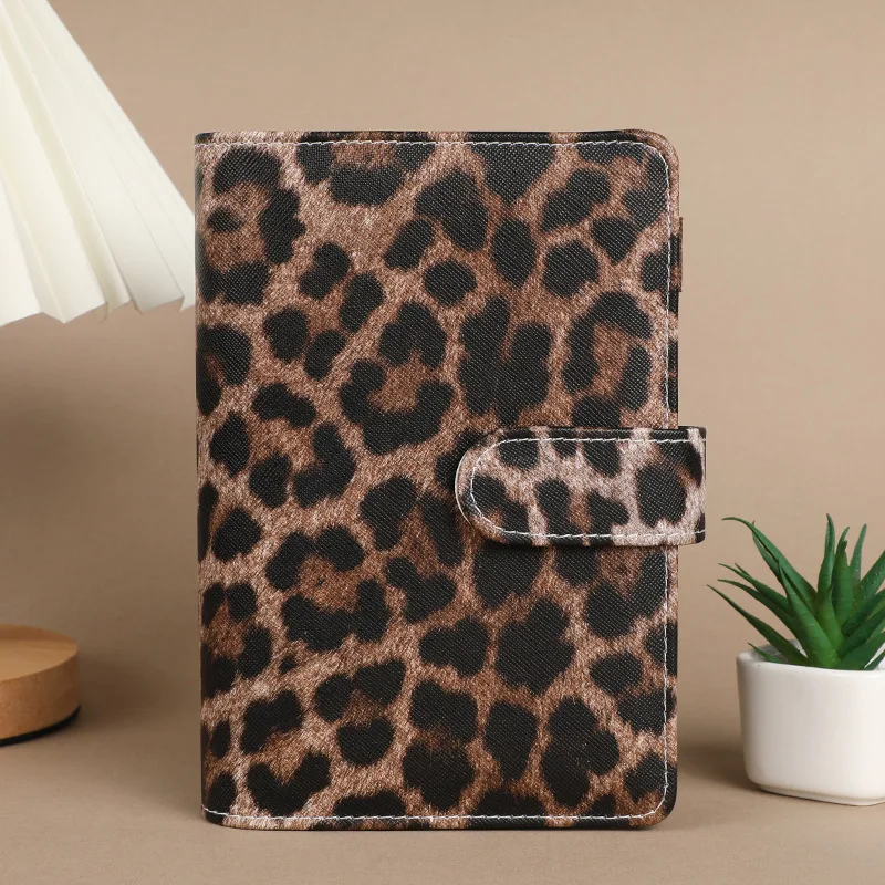 A6 Loose-Leaf Budget Notebook Leopard Print Book Leather PU Notebook Book Binder Manual with Zip Bag Set Office Stationery