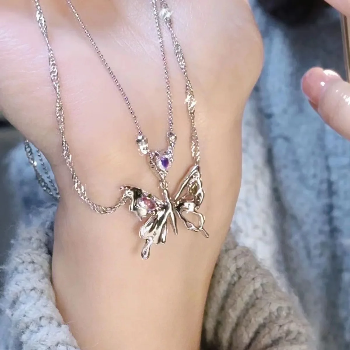 アクセサリー heaven y/project Butterfly Necklace Y2K Crystal Butterfly Pendant Necklace Women Light Luxury Egirl