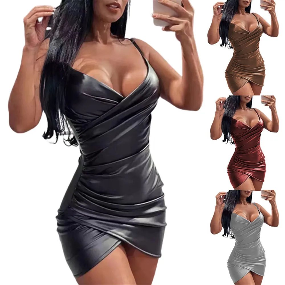 

Women's Summer Pleated Wrap Tight Suspender Nightclub Leather Dress for Women Elegant and Pretty Women's Dresses