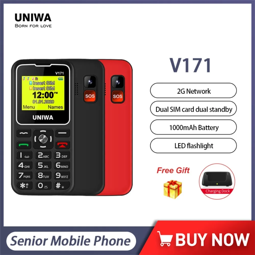 1/3 Pz Uniwa V171 2G Feature Phone 1.77 "Altoparlante Pulsante Sos Pulsante Grande Carattere Per Anziani Cellulare Dock Di Ricarica Gratuito