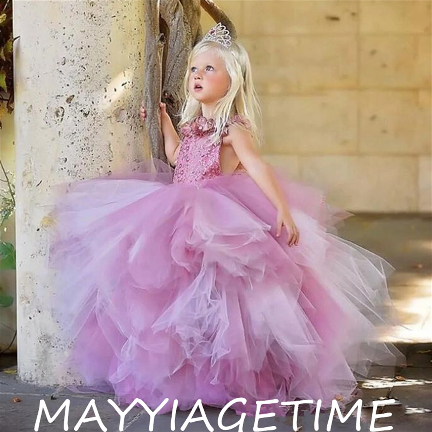 

Pink Appliques Girls Pageant Dress Sleeveless Bling Sparkling Beaded Ball Gown for Weddings Floor Length Flower Girl Dresses