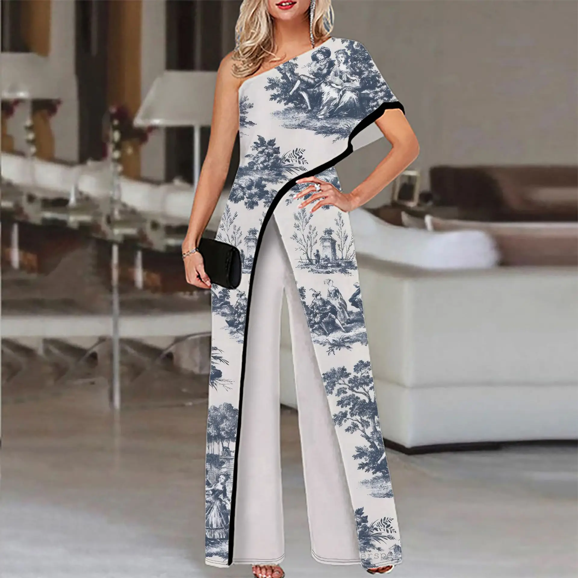 Women Jumpsuit One Shoulder Casual Overalls Streetwear 3D printing pattern Wide Leg Jumpsuits Elegant Lady Party Romper Clubwear
