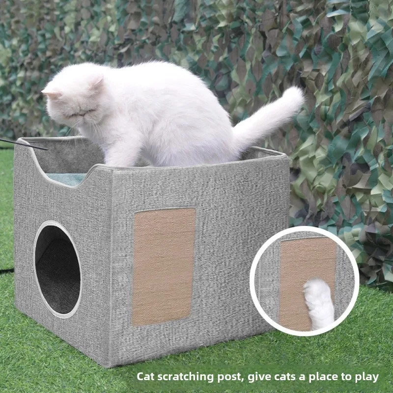 Foldable Double-deck Cat Condo Cube Indoor Cool Scratch Resistant Hiding Playing Cave with Scratch Pad for Cats