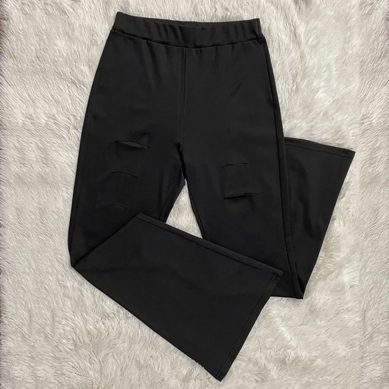 Spring and Summer Solid Color Hole Casual Pants Women's Fashion Slim Fit High Waisted Flared Pants Thin