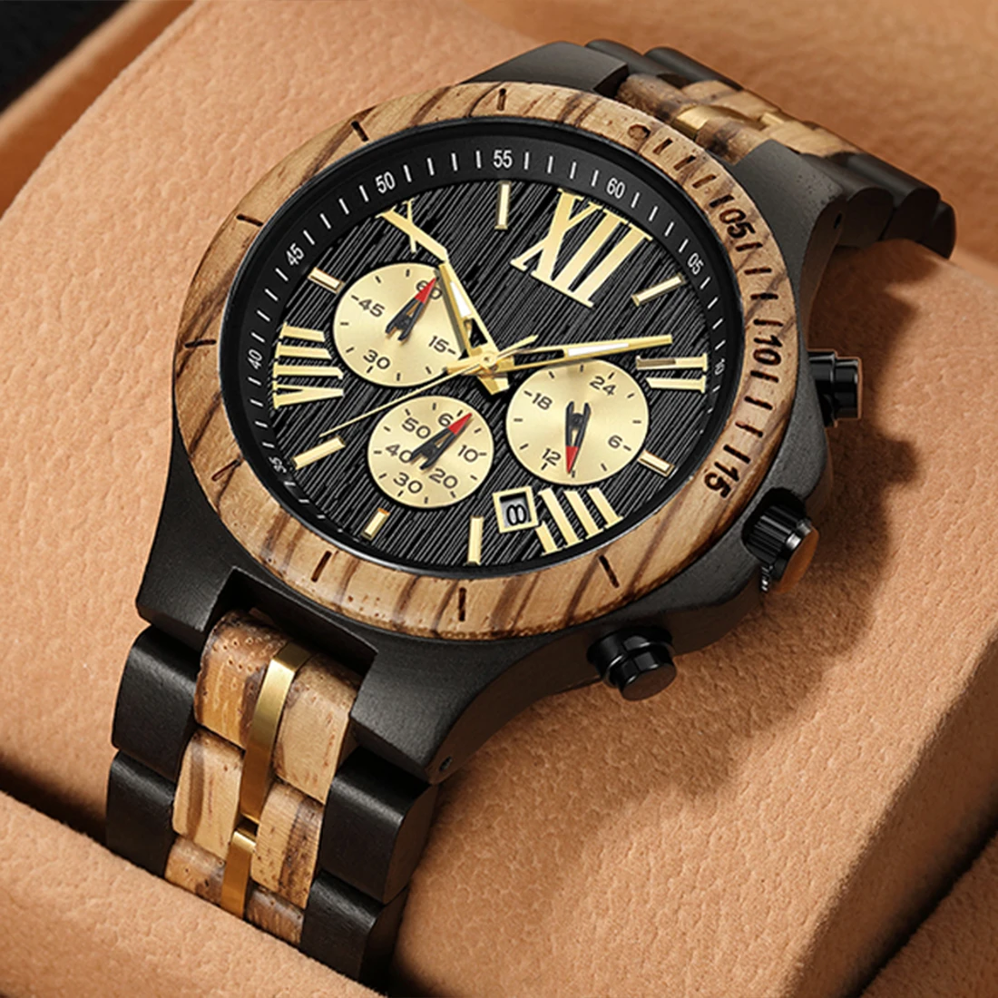 Natural Solid Wood Watch for Men Chronograph Multifunctional Brown Black Quartz Watches Ebony Wooden Band Male Wristwatch Clock bobo bird wood watches relogio masculino watch for men viking warriors symbol relojes para hombre часы мужские logo custom