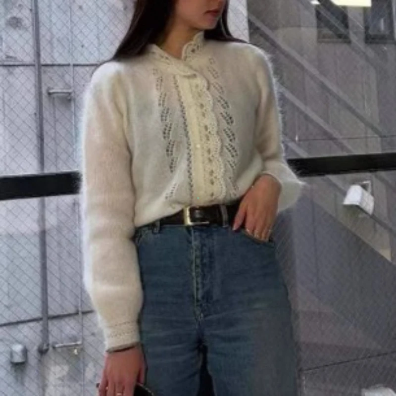 Women's White Cardigan Loose Sweaters Fashion Hollow Lace Patchwork Elegant New Office Basic Autumn Female Cardigan