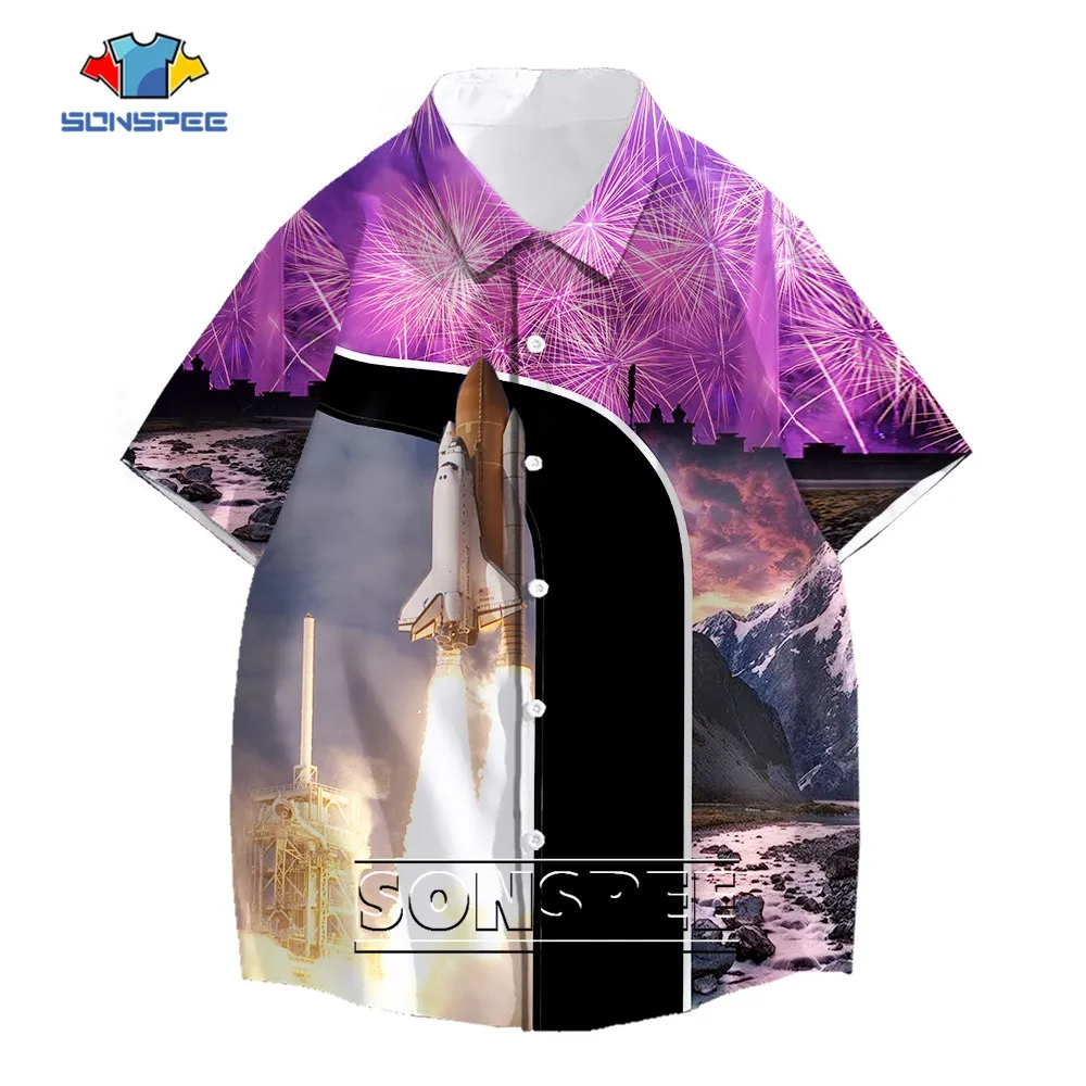 SONSPEE Summer Space Shuttle Rocket 3D Printing Botton Shirt Men Women's Natural Scenery Tops Short Sleeve Firecracker Blouse