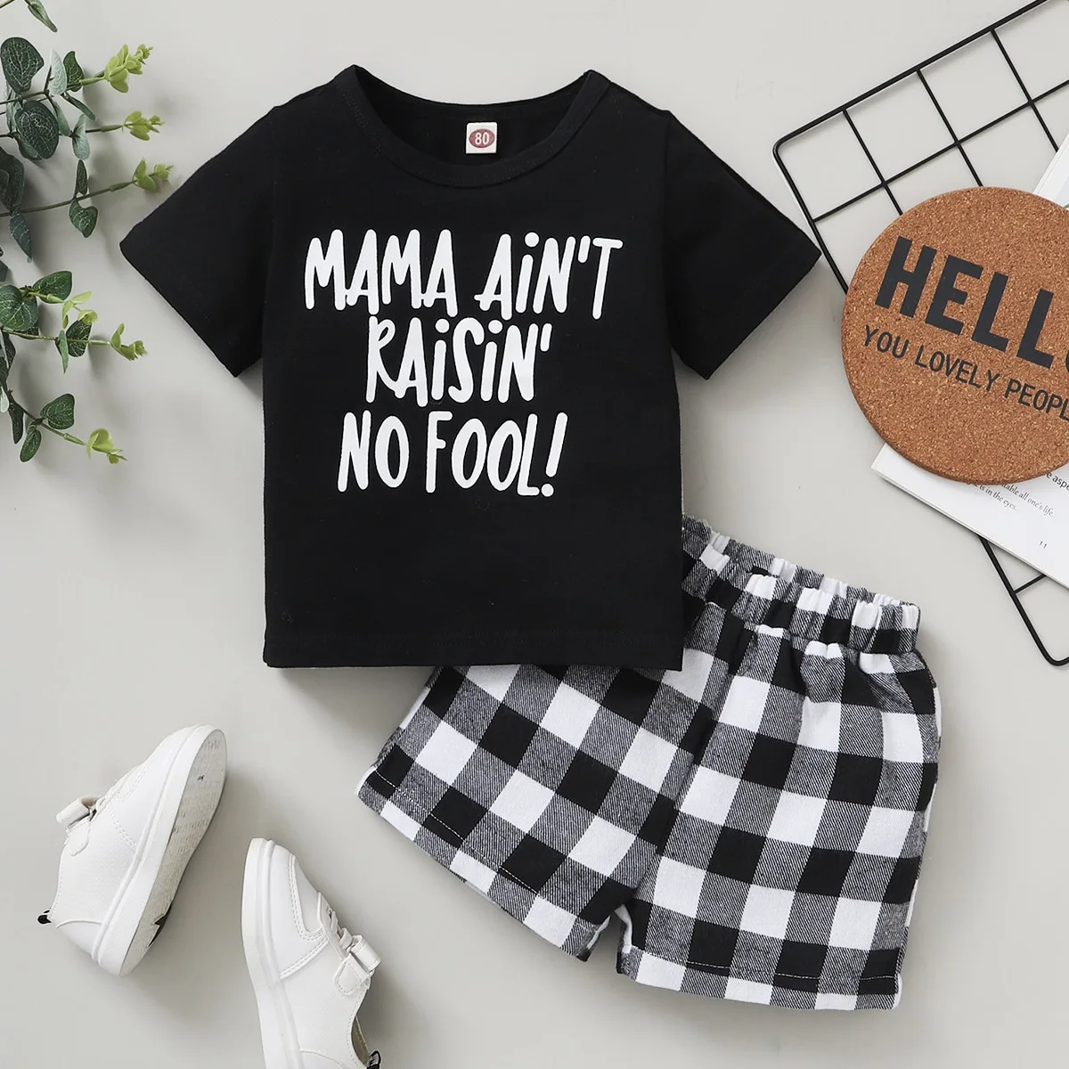 

2023 Summer Baby Set, Lettered Black T-Shirt+Black and White Checked Shorts, 95% Polyester, Suitable For Boys 0-24 Months Old