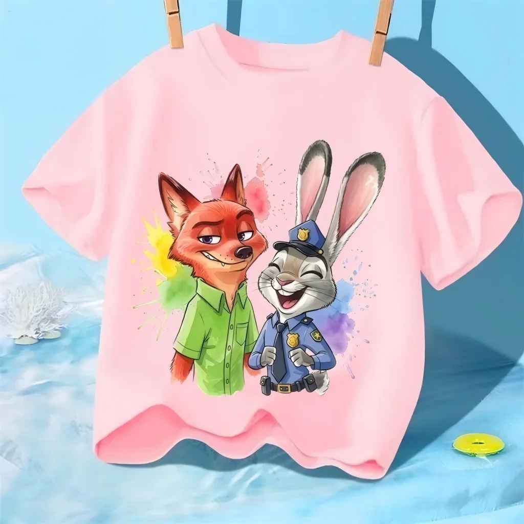 Zootopia 닉과 주디 여름 프린트가 있는 어린이용 반팔 티셔츠, 야외 스포츠용 루즈핏 티셔츠