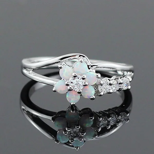 Sun Flower Opals Crystal Zircon Rings for Women Silvery Jewelry Vintage