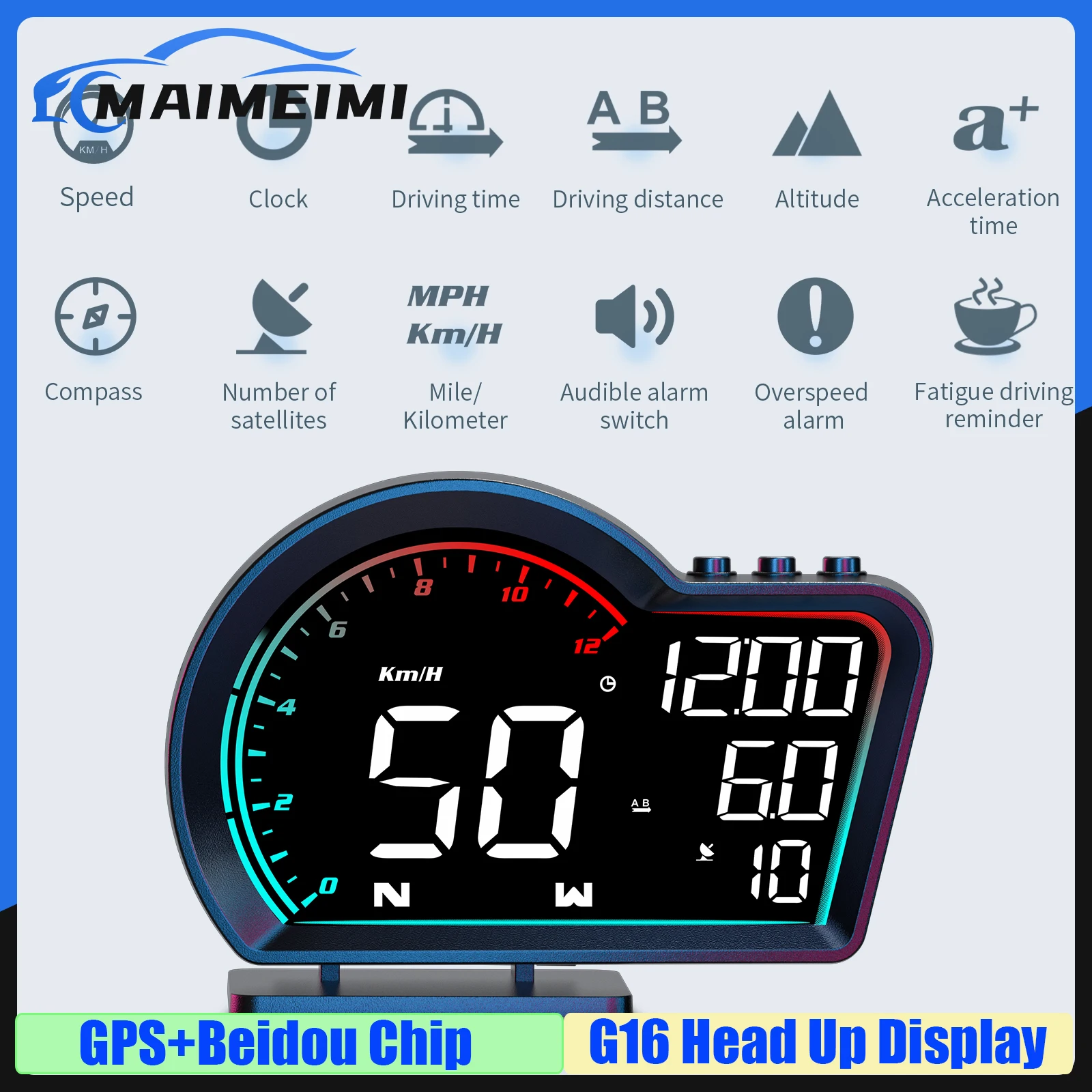 

GPS G16 HUD Спидометр Время Напряжение компас высоты звуковой сигнал тревоги переключатель превышение скорости сигнализация усталость напоминание о вождении для всех автомобилей