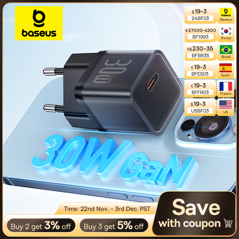Baseus 30W GaN Charger Phone charger For iPhone 16 15 14 13 12 Pro Max USB C Charger Support PD QC PPS Fast Charging For Laptop