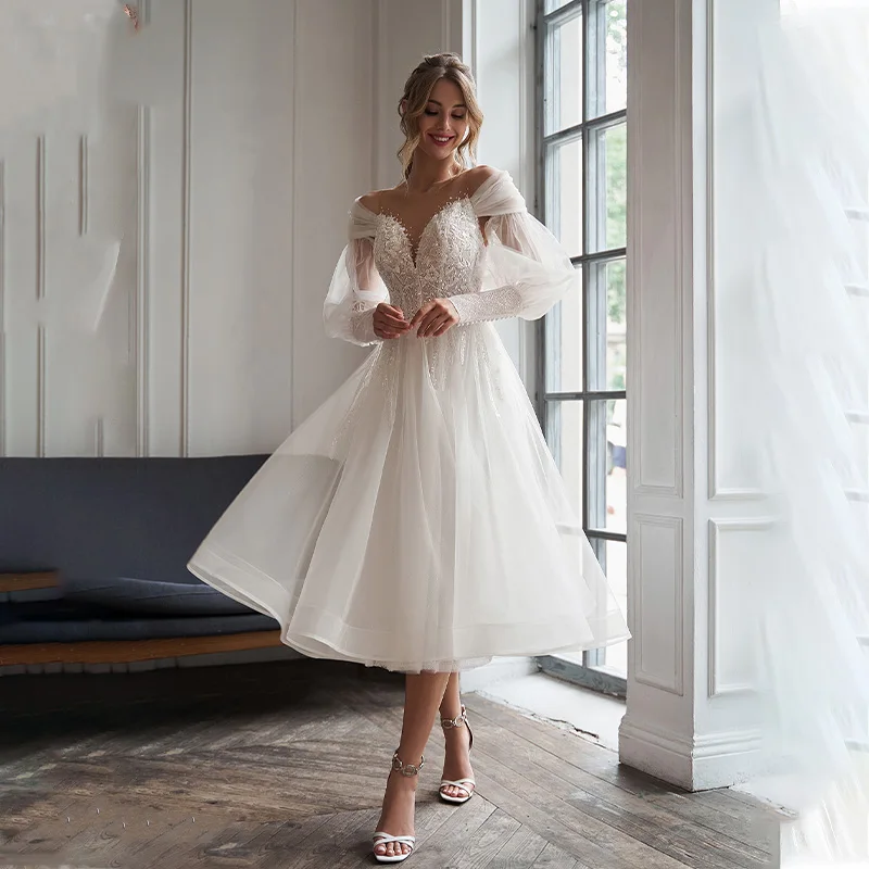 Sheer Illusio Off The Shoulder Lace Applique Tea Length Short Wedding Dresses With Detachable Puff Sleeves Button Back Robe De wedding dresses