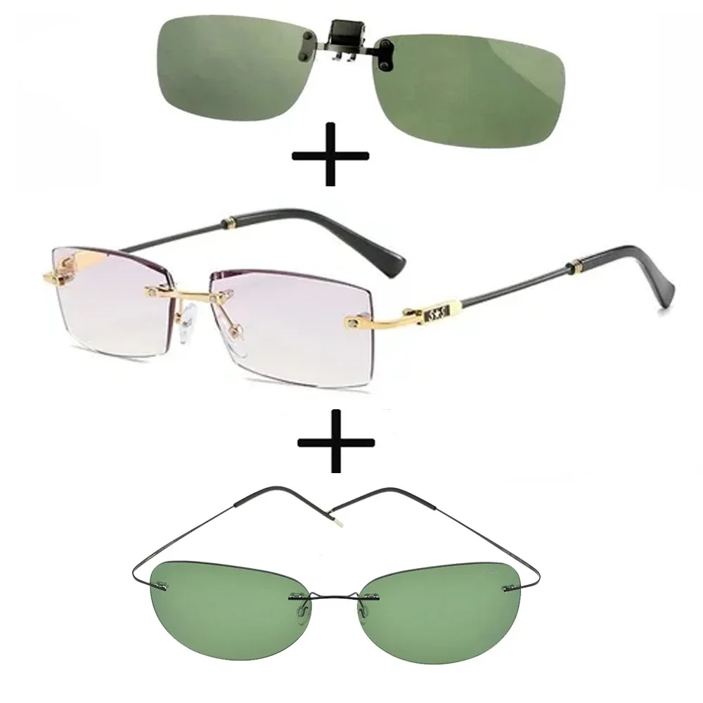 

3Pcs!!! Rimless Frameless Luxury Reading Glasses for Men Women + Polarized Sunglasses Alloy Sports Driving + Sunglasses Clip