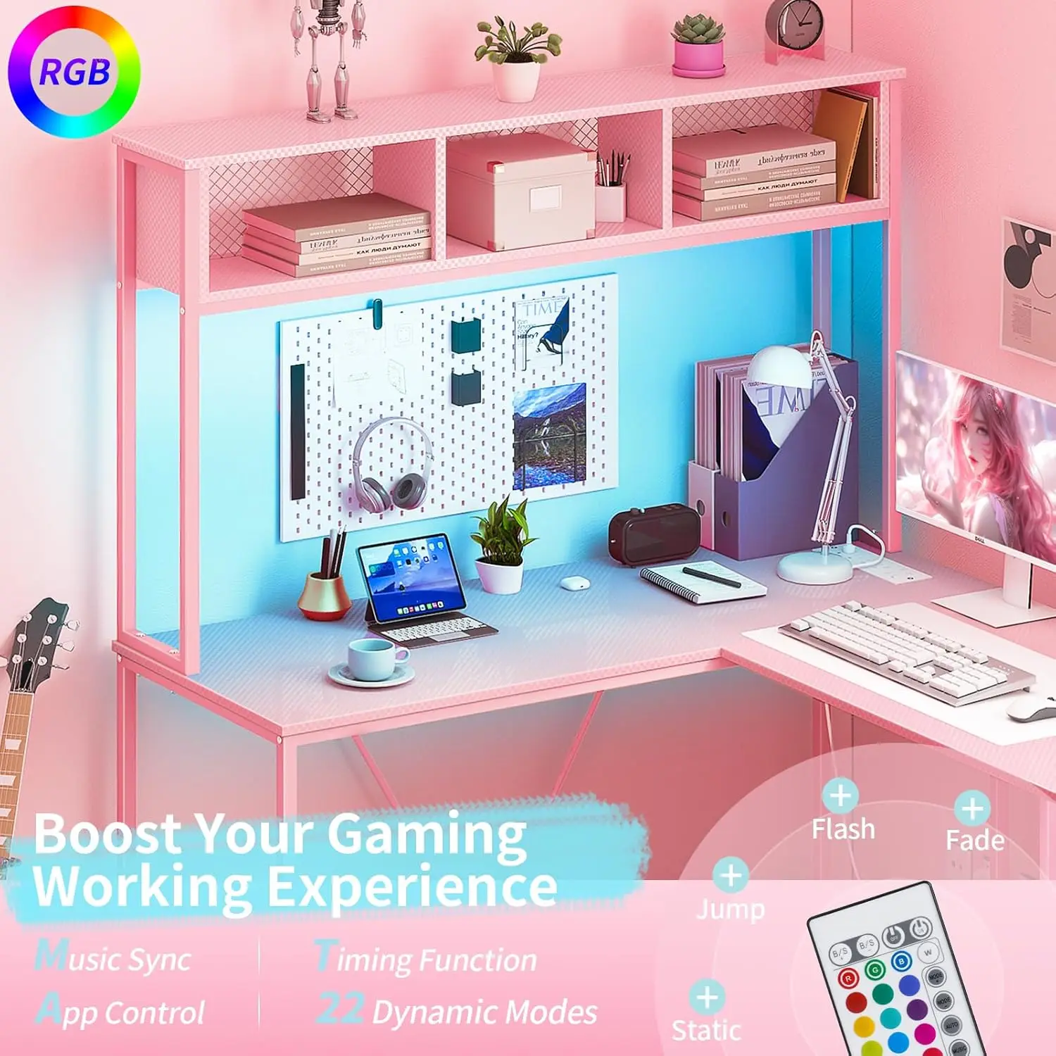 L Shaped Desk Gaming Desk with LED Strip & Power Outlet, Reversible L-Shaped Computer Desk, Corner Desk with Storage Shelf 6