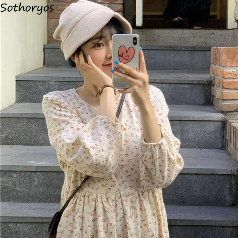 

Spring Long Sleeve Dress Women Kawaii Baggy Lace-up Japanese Fashion Tender Sweet Floral Korean Students Vestidos Casual Street