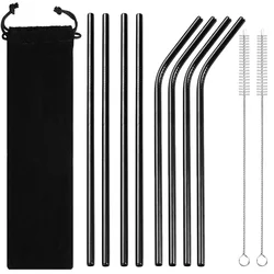 Stainless Steel Straw Set - 8 Piece Reusable Drinking Straws (Black 8Pcs)