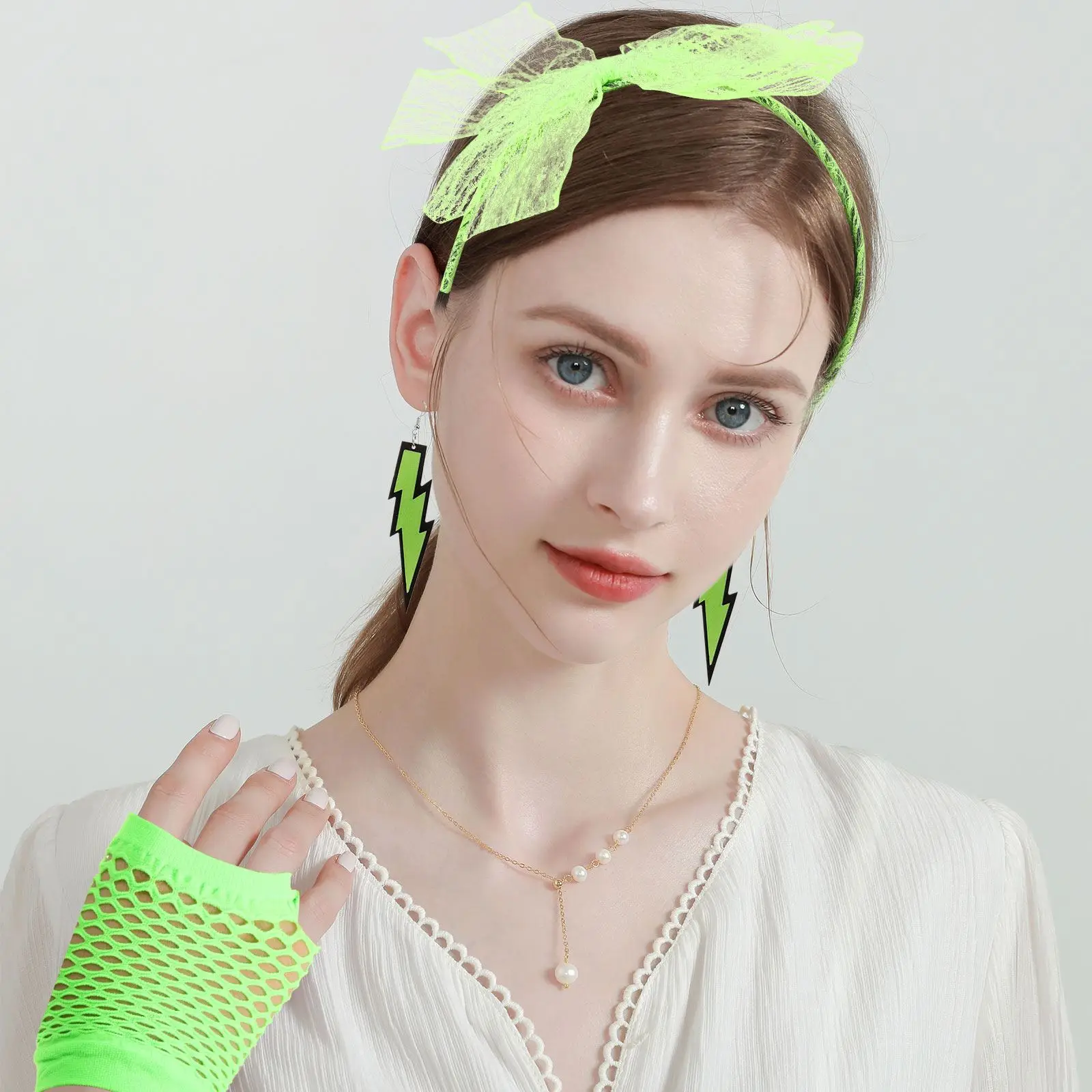 80 'S Headband Children Gloves Retro Decor Neon Earrings Fishnet Party Costumes Nightclub Wedding Performance Black Gloves