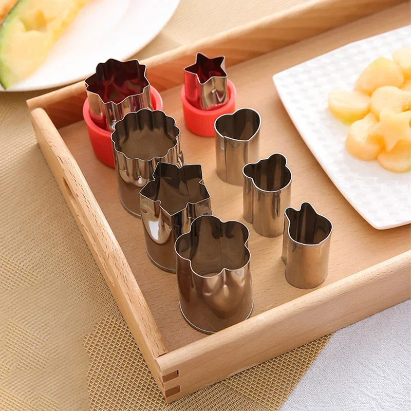 8Pcs/set Vegetables Cutter Set Plastic Handle Mini Pie Cookie Cutters Fruit Pastry Stamp Mold Stainless Steel Fruit Cutting Tool
