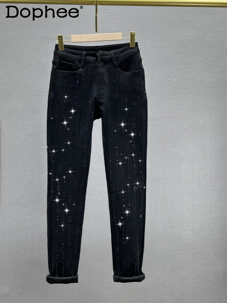 Fleece-lined Thick Rhinestone Skinny Pants Women 2023 Fall Winter New High Waist Jeans Slim-Fit Figure Flattering Pants Female fashionable striped rhinestone loose jeans for women 2023 spring and summer new high waist all matching straight pants female