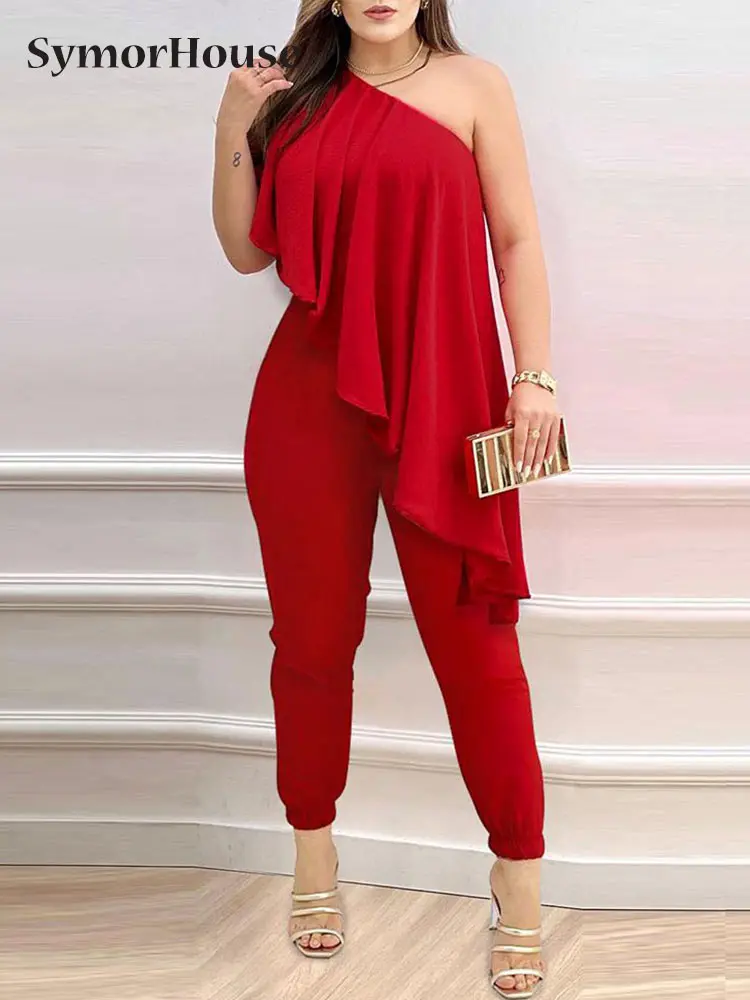 

Spring Summer Autumn Women Fashion Print One Shoulder Asymmetrical Ruffles Party Jumpsuit