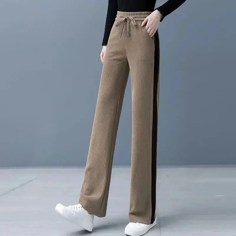 Semplicità All-match Autunno Inverno Pantaloni Donna Coulisse Tasca a contrasto di colore Elastico a vita alta Pantaloni dritti slim casual 2