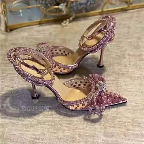 

European and American Style 2023 New Bow Tie Women's Shoes Colorful Rhinestone Transparent Sandals Promotion Activity High Heels