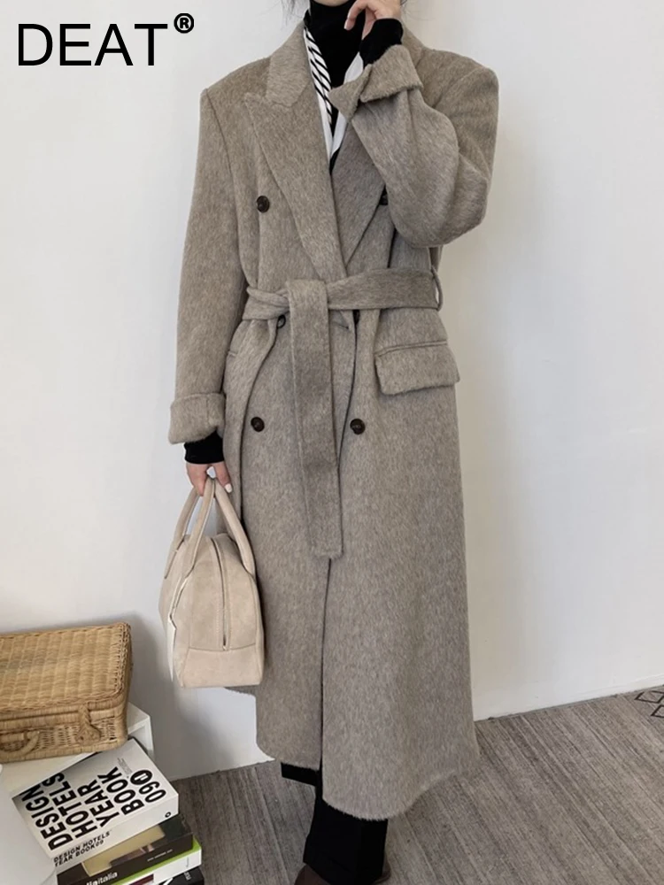 

DEAT Fashion Women's Woolen Coat Notched Long Belt Sleeves Double Breasted Pockets Loose Coats Lady Winter 2023 New Tide 7AB1085