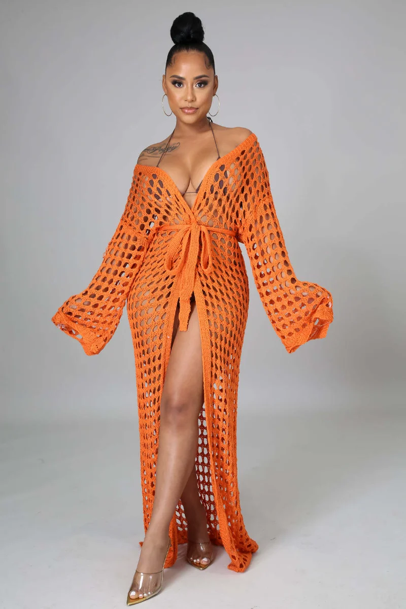 

KEXU Fashion 2023 Summer Women Beach Holiday Knit Ribbed crochet hollow out Open Stitch with Sashes Maxi Long Cover-ups