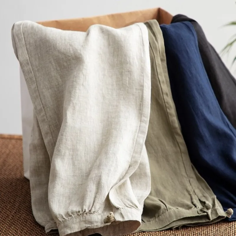 2024 New Women's Summer Simplicity Thin Solid Color Pocket Cotton Linen Casual Versatile Fashion Haren Lantern Capris Pants