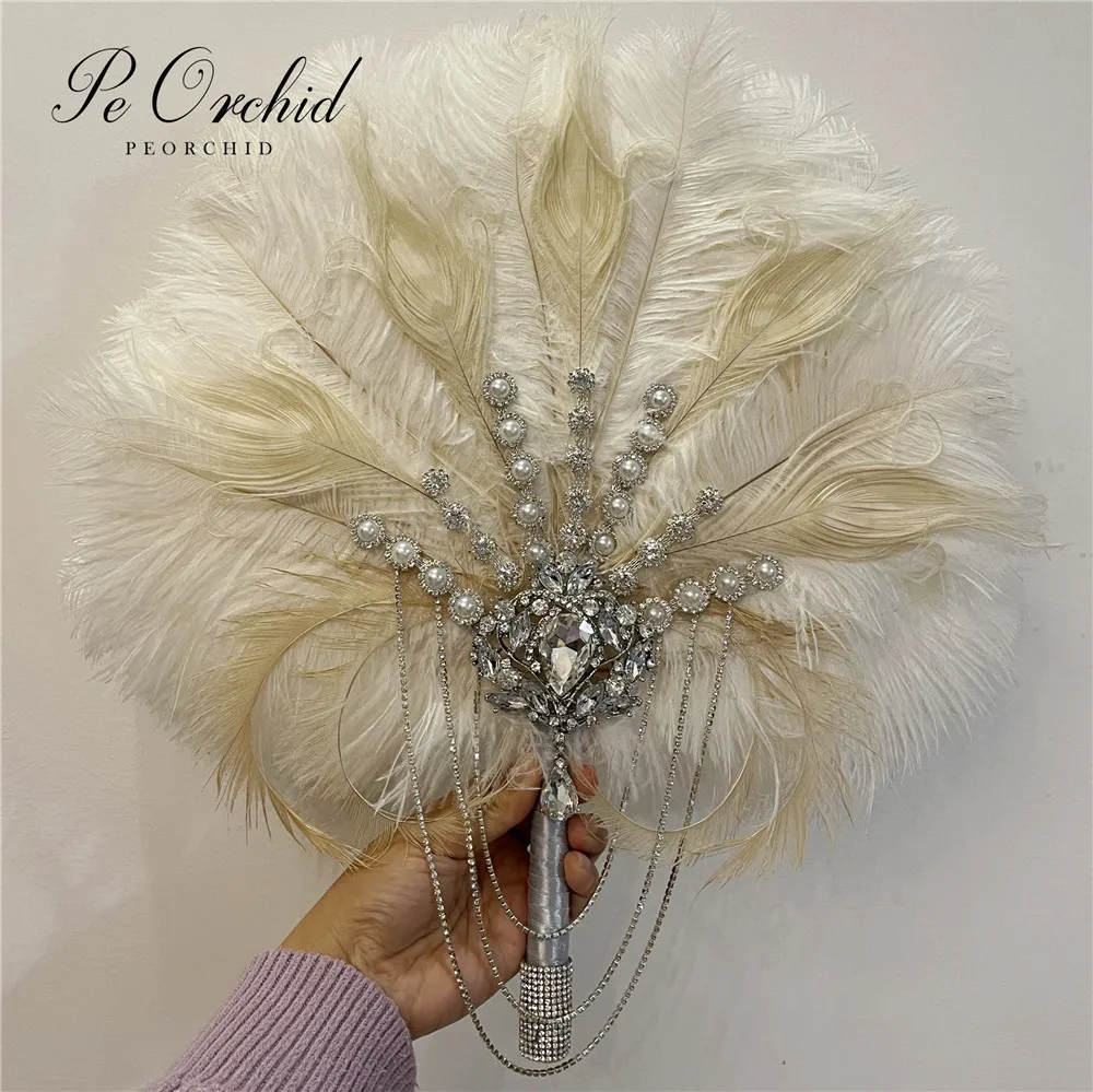 PEORCHID Vintage Ostrich Feather Fan Bridal Bouquet Ivory Great Gatsby 1920s Crystal Bouquet Brooch Wedding Hand Fan Bouquets