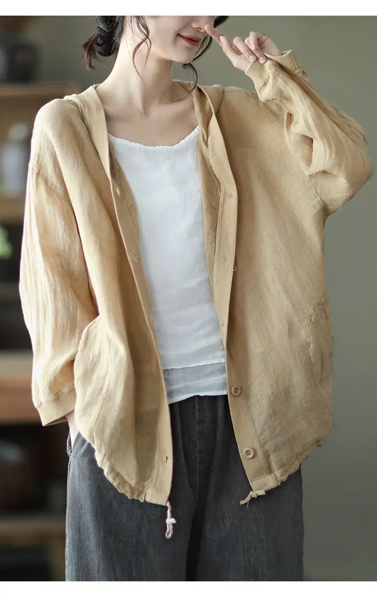 Jacket Spring and Summer Women's Clothing Cotton and Linen Hooded Coat Sun Shirt Linen Cardigan Thin Retro Korean Autumn Cloths