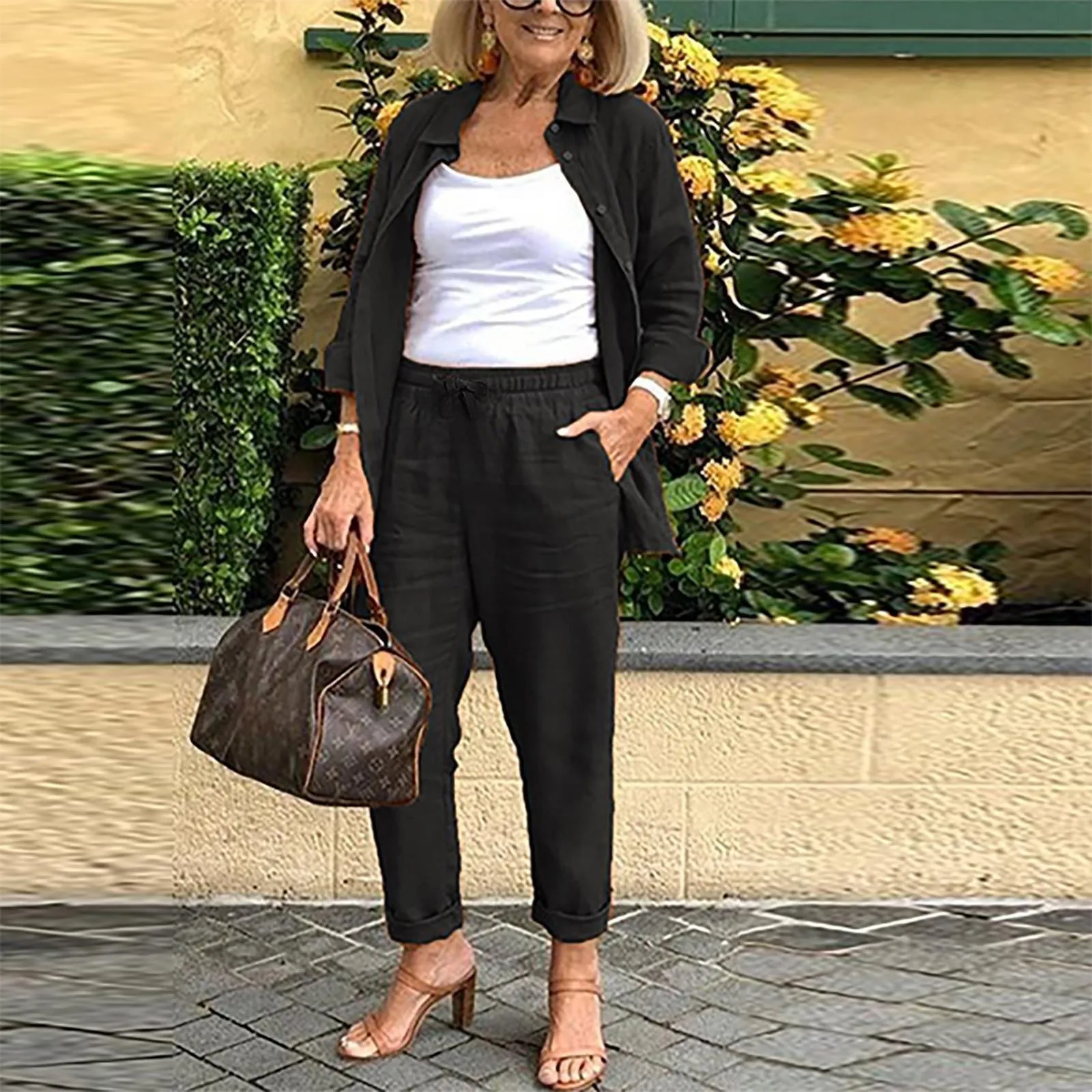 Kadın Moda Cep Pamuk Keten Setleri İlkbahar Yaz Gevşek Uzun Kollu Gömlek Uzun Pantolon 2 Parça Setleri Rahat Ofis Bayan Takım Elbise