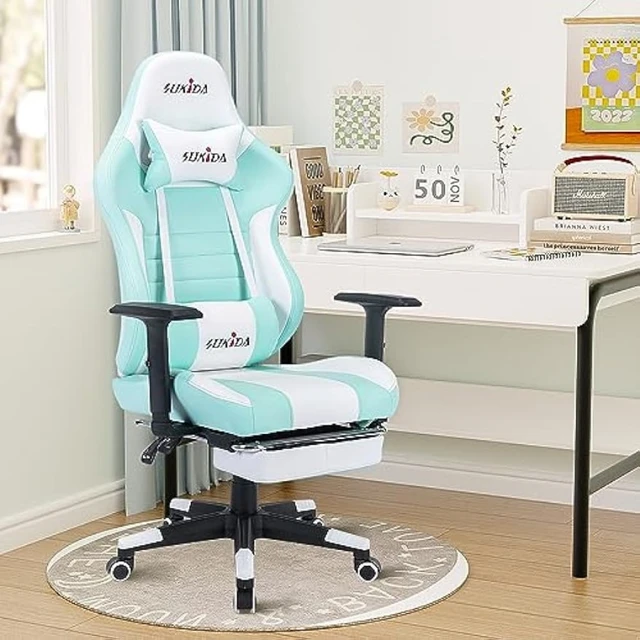 SUKIDA Gaming Chair with Footrest - Light Blue Game Chair Swivel