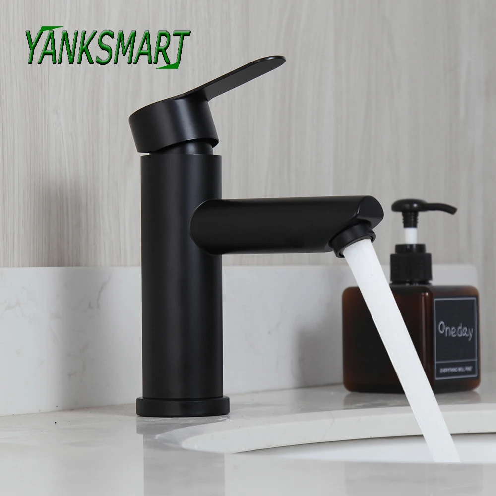 

YANKSMART Matte Black Bathroom Facuet Basin Sink Single Handle & Hole Deck Mounted Faucet Washbasin Hot And Cold Mixer Water Tap